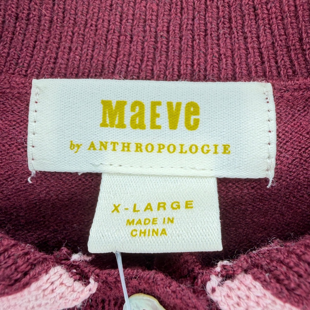 Maeve Anthropologie Knit Polo Women XL Wine Pink Scalloped Stripe Ruffle Sweater - Picture 10 of 12